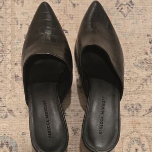 14. Rebecca Minkoff Black Leather Croc-Embossed Mule Heels